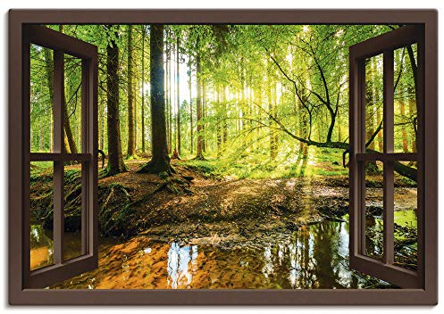 ARTLAND Wanddeko Leinwand Bilder Wandbild 100x70 cm Fensterblick Wald Natur Landschaft Bach Sonne Baum Sonnenstrahlen T6AJ