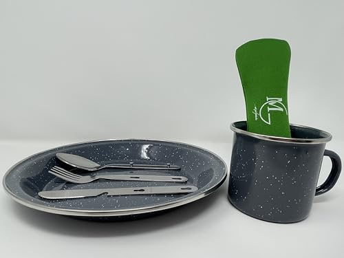 MG Camping & Picnic Dining Set - Consist of a Camping Plate, Grey Enamel Camping Mug, Stainless Steel Camping Cutlery Set (Fork, Spoon and Knife with Bottle Opener) in Lovely Green Hygiene Case/Pouch