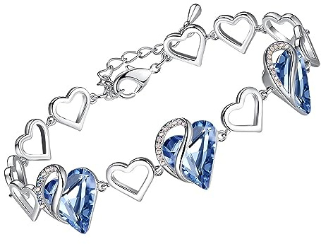 Leafael Infinity Love Heart Link Bracelets, March & December Birthstone Crystal Bracelet for Women, Silver Tone Jewelry Gifts for Her, Light Sapphire Blue, 7-inch Chain and 2-inch Extender