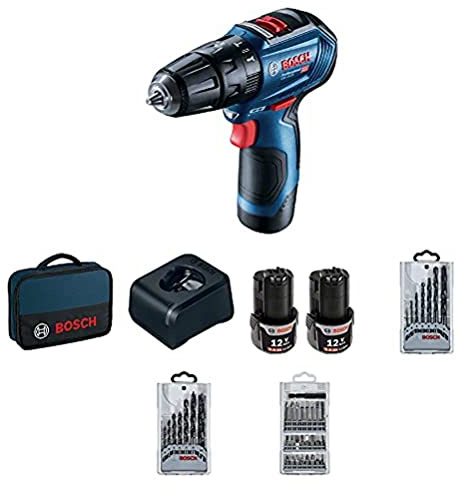Bosch Professional 12V System Akku Schlagbohrschrauber GSB 12V-30 (inkl. 2x2.0 Ah Akku, Ladegerät GAL 1240 CV, 7-tlg. Holzbohrer Set, 7-tlg. Metallbohrer Set, 25-tlg. Bitset, Werkzeugkoffer)