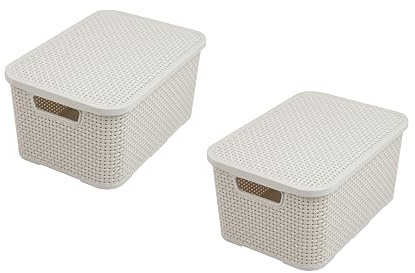 BranQ - Home essential Deckel Korb in Rattan Design 2er Set Grösse L 19l, Kunststoff PP, Creme, 19 l