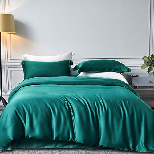 Sacebeleu Dark Green Duvet Cover Set Super King Size Silk Like Bedding Set Summer Luxury Satin Quilt Covers 230x260cm with Zipper Closure and 2 Pillowcases 50x75cm