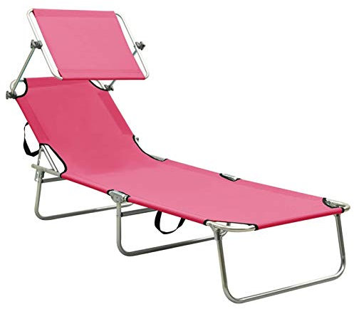 Tidyard Fällbar solstol med parasoll Fristående solstol Trädgård Beach Steel Pool Rosa Magento 189 x 58 x 27 cm