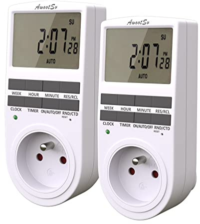 Awootsv Prise Programmable Digitale avec Compte à rebours Minuterie Numérique Journalier/Hebdomadaire Programmateur Prise Electrique avec Ecran LCD et Mode Aléatoire Antivol (2 Pack)