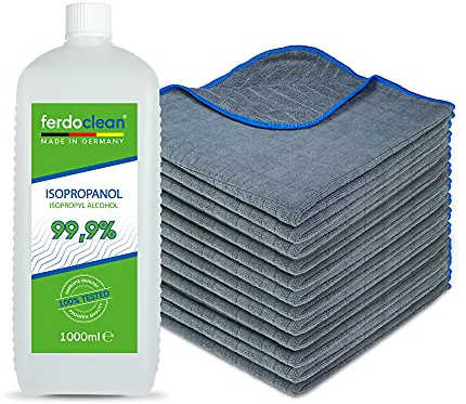 ferdoclean® 1000ml isopropanol 99,9% + 12 x chiffons en microfibre (40 x 40 cm) absorbant 380 GSM | Nettoyant à l'alcool IPA solvant 1l pour ménage, voiture | Nettoyant dégraissant - bleu/anthracite