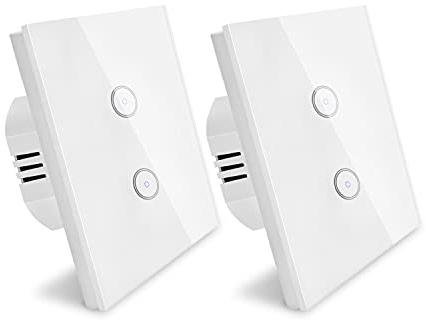 Smart Lichtschalter, Wlan Alexa Lichtschalter 2 Gang, Gehärtetes Glas Touch-schalter, Arbeitet mit Alexa & Google, APP Fernbedienung, Timing-Funktion, Nullleiter Erforderlich, Weiß 2 pack