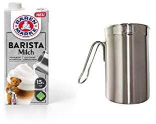 Bärenmarke Barista Milch 1l Milchkännchen, Milk Pitcher 350ml / 12 FL.oz. Milchkanne aus Edelstahl, Milch Aufschäumen für Cappuccino und Latté, Silber MEHRWEG + Schokostreuer