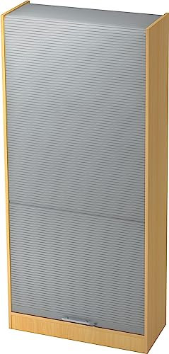 bümö Rollladenschrank in Buche/Silber mit Relinggriff - Vertikal Jalousieschrank 90 cm breit, Aktenschrank abschließbar, Büroschrank für Ordner & Co.