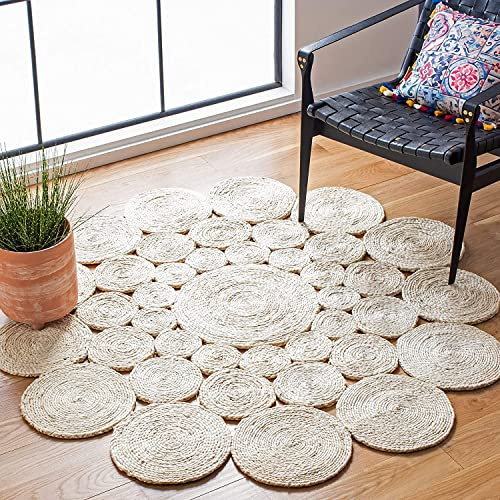 Teppich Jute Natur Weiß Kreis Design Handgeflochten Runde Form Wohnzimmer Bauernhaus Teppich Dekorativer Teppich Flickenteppich (150 x 150 cm)