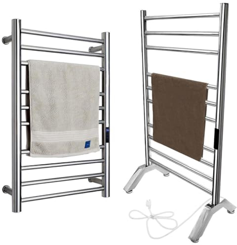 YJSG Heated Towel Rack, Electric Heated Towel Warmer Freestanding & Wall Mounted Radiator 304 Stainless Steel Clothes Drying Rack 10 Bars Bath Towel Heater with Built-in Timer,Plug-in