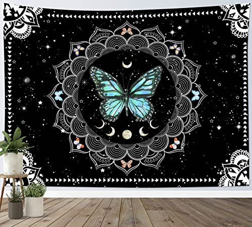 LB Wandteppich Der blaue Schmetterling Wandtuch Mondphase Mandala Blume Wandbehang Schwarz und Weiß Tapisserie für Wohnzimmer Schlafzimmer Wohnheim Wanddeko,150x130cm
