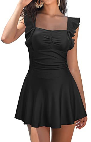 SHEKINI Elegante Bandeau Costumi da Bagno Donna Intero Un Pezzo Volants Gonna da Spiaggia Ruched Costume Intero Donna con Gonna(S, Nero)