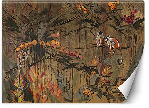 Feeby Fototapete Dschungel Blätter Affe 350x245 cm Orange XXL Vlies Wandtapete Tapeten Wohnzimmer Schlafzimmer Jugendzimmer Moderne Design Wandbild Wand Dekoration Tropen Exotisch