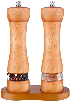 Juego de molinillos de sal y pimienta de madera con bandeja, molinillo de pimienta manual de 8 pulgadas con grosor ajustable, juego de 2 saleros y pimenteros de madera de acacia