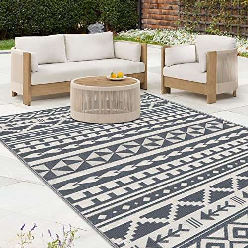 Ommda Alfombra de plástico para exteriores, moderna, geométrica, reversible, resistente al agua, a las manchas y a los rayos UV, para pícnic, para caravana, terraza, cubierta de jardín