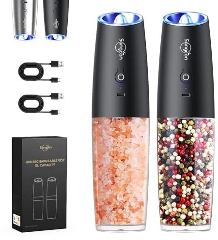 Sangcon Gravity Electric Salt and Pepper Grinder Set Shakers - UPGRADED RECHARGEABLE 9OZ XL Capacity USB-C No Battery Needed - LED Light One Hand Operation, Adjustable Coarseness Automatic Mill Set