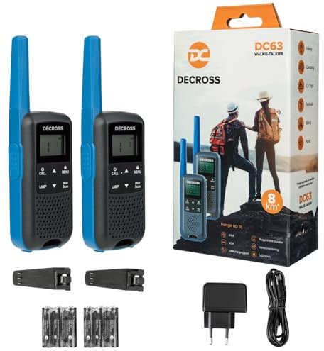 DC DECROSS 63 Walkie Talkie Kinder und Erwachsene, 2Set Walki Talki bis zu 8 km, PMR446 16 Kanäle, VOX, Taschenlampe, IPX4, Geschenk Jungen Mädchen 5, 6, 7, 8 Jahre, Wanderungen, Camping, Akku (Blau)