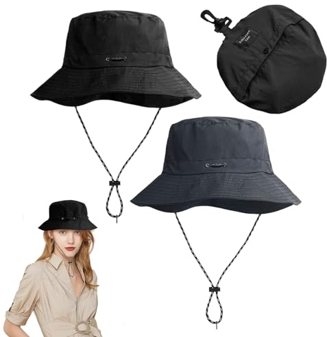 FUIPVGI 2 Piezas Gorro de Escalador,Sombrero Impermeable Sombreros de sol para Hombres Mujeres,Sombrero Portátil y Almacenable con Cordón Ajustable para Camping Jardinería Pesca Senderismo(Negro Gris)