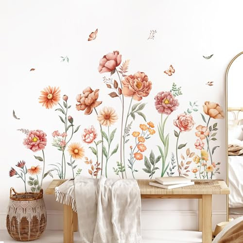 Tanlaby Fleur Vintage Stickers Muraux Boho - Autocollant Mural Papillon - Décoration pour Salon, Chambre à Coucher, Bureau et Maison