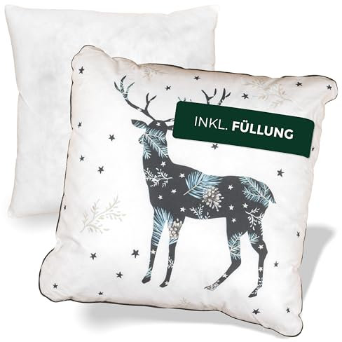 NOAH VERDE Zierkissen-Weihnachten Wald Hirsch, Dekokissen mit Füllung und Bezug, Kissen 45x45, Schlafzimmer Deko, Weihnachtskissen Landhaus Deko, Geschenk Freundin, Kissenbezug 45x45 Christmas Pillow