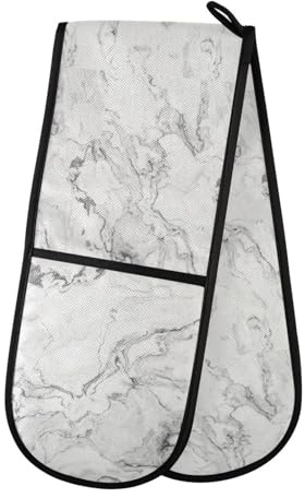 Double Oven Gloves Heat Resistant Grey Marble Double Oven Mitts Pot Holder Heat Protection Oven Gloves for Home Kitchen Baking Cooking BBQ Microwave