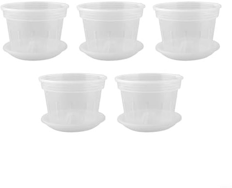 Lot de 5 pots à orchidées transparents avec trous et soucoupes, arrosage sans désordre, nettoyage facile (taille M)