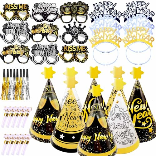 Silvester Deko 2025 Neujahr Party Dekoration Set - Partyhüte, Haarreif, Papierbrille, Partytröten für Kinder - Neujahrdeko Zubehöre