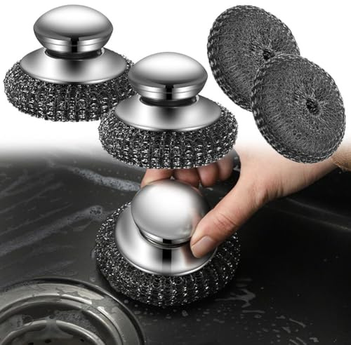 2 Stück Edelstahl-Topfreiniger mit 2 Bürstenköpfen, Stahlwoll-Schrubber mit Griff, abnehmbare, robuste Geschirrbürste, Topfschrubber, zur Reinigung von Küchentöpfen, Pfannen, Grills, Spüle