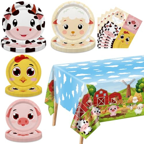 Juego de platos de fiesta de cumpleaños de granja para 20 invitados, incluyendo mantel de animales, servilletas y platos de granja para baby shower, decoración de cumpleaños de granja