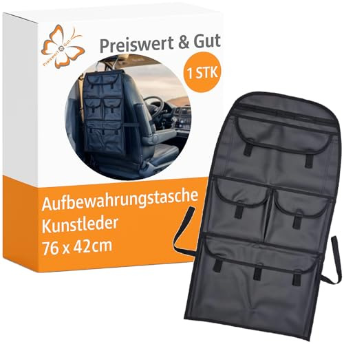 Hänge Organizer Auto Rücksitz Kunstleder schwarz 76 x 42 cm für T5 T6 | Auto Tasche mit Ösen, Gummibändern und Klett, für große Sitze in LKW, KFZ, VW Bus und VAN Preiswert&Gut