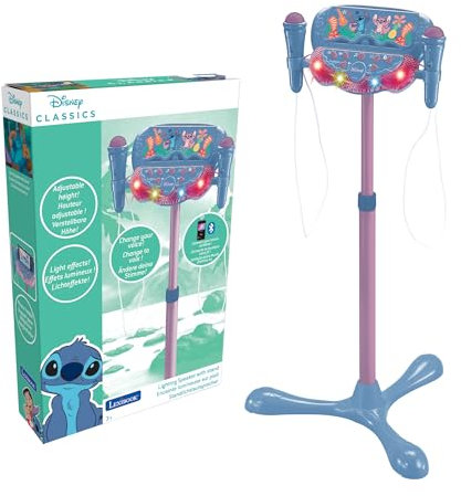 LEXIBOOK Stitch, Altavoz Luminoso para niños en pie, Juego Musical, Altura Ajustable, Efectos de luz, 2 micrófonos incluidos, Entrada para MP3, Bluetooth, Azul, S160D