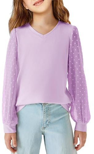 Haloumoning Camicia Manica Lunga Ragazze Maglione Scollo A V T-Shirt Manica Lunga Camicetta Casual Camicetta Ampia Tempo Libero Carino Soft Top per Bambini Swiss DOT Tops