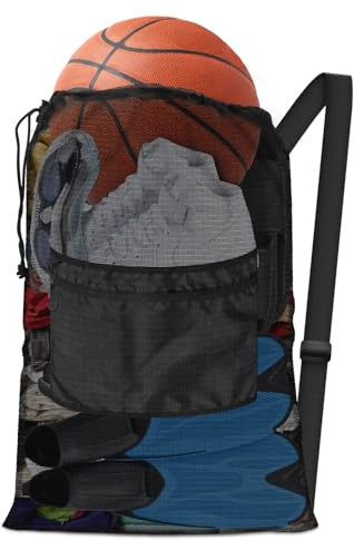 BROTOU Ballnetz Tasche Ballsack mit Kordelzug und Schultergurt, Mehrzweck Balltasche Netztasche, Strandtasche Mesh Beach Bag (46 x 72 cm)