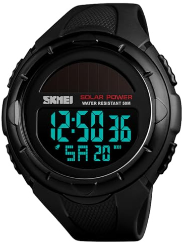 Solar Powered Energy Watch for Men Military Digital Multifunctional Led Luminous Indication 2 Time Zone 50m Waterproof Watch Reloj Solar para Hombre, T Black, Men's Solar Powered Casual Quartz Wrist