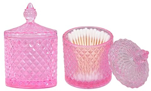 2 Pack Glass Sweet Jars for Candy Buffet with Lids, Apothecary Jar & Qtip Holder, Bathroom Storage Organizer for Cotton Swabs, Pads, Jewelry, Sweets, Wedding（Pink）