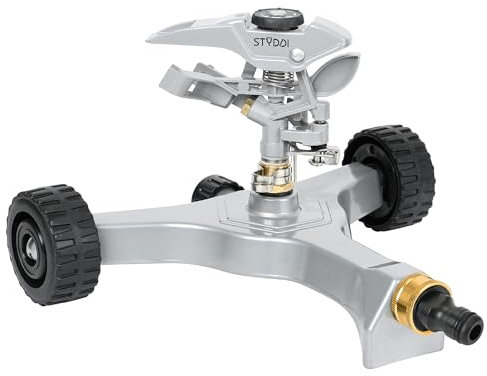 STYDDI Irrigatore pulsante in metallo su base con ruote in metallo in-serie, irrigatore circolare regolabile per prato circolare di medie e grandi dimensioni, cortile, giardino e grandi aree