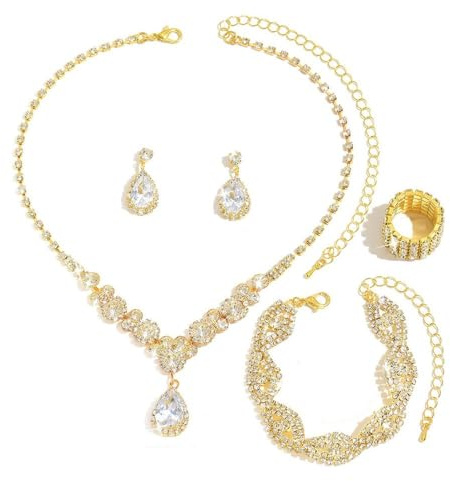 XFSRG Damen Schmuck Set Strassstein Ohrringe Halskette Armband Ring Klassisch 4 Stück Frauen Schmuck mit Cubic Hypoallergene Modeschmuck Geschenke