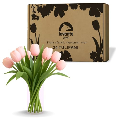 levante group – Tulipani Finti Realistici in Lattice Rosa – 24 pz in Box Regalo – Fiori Artificiali per Casa, Ufficio, Eventi