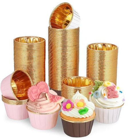Cupcake Muffin Förmchen aus Aluminiumfolie, 150 Stück Muffinförmchen Papier, 6,8 x 5 x 3,9 cm Cupcake Förmchen für Geburtstag Weihnachtsfeier Partys Muffinform Weiß, Rosa, Braun