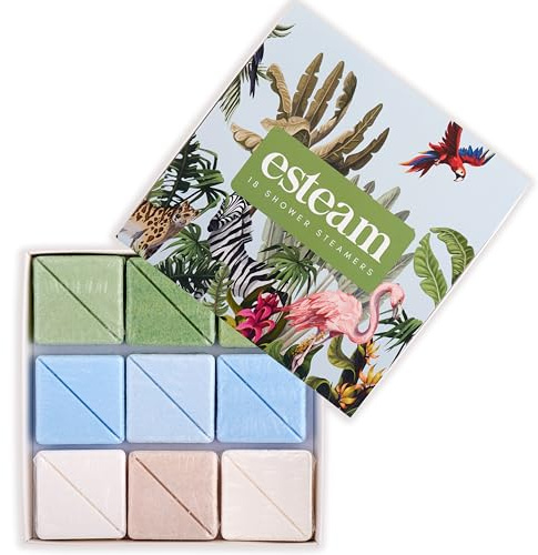 ESTEAM Aromatherapy Shower Steamers – 18 Pack – Birthday Gifts for Women – Shower Bombs with Essential Oils – Self Care Relaxation, Body Restore, Sinus Relief (Jungle Design)