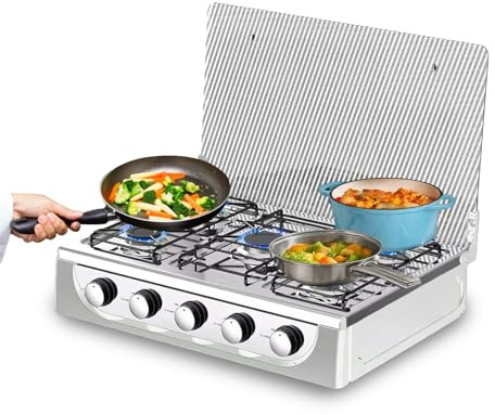 Avilia - Table de cuisson 5 feux avec couvercle en cristal et grille en fonte, puissance élevée, design élégant, usage domestique et professionnel, allumage facile, structure robuste et sûre