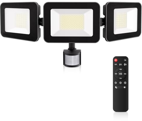 MEIKEE 100W LED Strahler mit Bewegungsmelder PIR-Flutlichter Außenbereich | 9600LM 6500K Tageslichtweiß 4 Modi Zeitsteuerung mit Fernbedienung IP66 wasserdicht 180° verstellbar für Garten Garage Türen