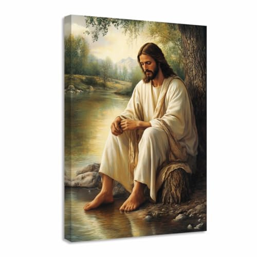 ZQQART Christliche Wanddekoration religiöses Leinwandbild Jesus am Fluss Gottposter gerahmt(Gold,30x45cm)