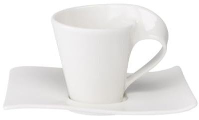 Villeroy & Boch New Wave Kaffeetassen mit Untertassen 6er Set, 200 ml, Kaffeegeschirr mit modernem Wellen-Design, Premium Porzellan, Spülmaschinenfest, Weiß