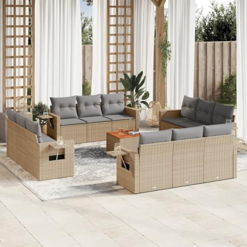 QJBSAVVA 13-teiliges Garten-Sofagarnitur Beige Poly Rattan mit Akazienholztisch und abnehmbaren Kissen modularer Loungeset mit Stauraum UV-beständig für Terrasse Balkon und Innenhof