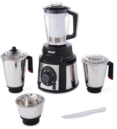 GEEPAS 5-in-1 Mixer Grinder | 3 Stainless Steel Jars & 1.5L Juice Jar | Food Blender for Dry Wet Grinding Indian Masala Chutney Dosa Grinding | 3 Speed & Pulse 1000W (Renewed)