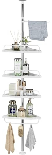 Estantería Telescópica de Baño. Estante Esquina de Ducha de Plástico y Metal sin Taladro. Organizador de Bañera, Cocina, Lavabo de Altura Ajustable 100 a 260 cm con 4 Baldas, Toallero y 3 Ganchos