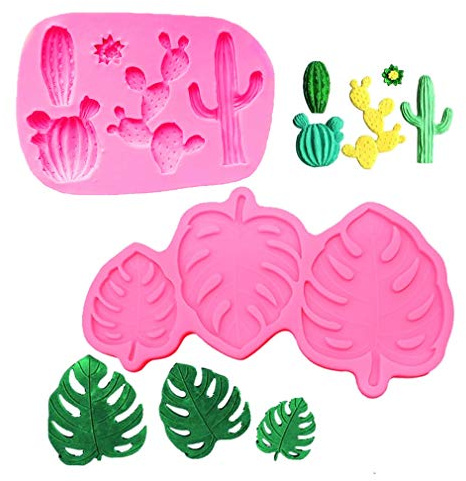 HOMSPE 2 Stück Tropische Blätter Farn Palmblätter Kaktus für Hawaii Aloha Mottoparty Geburtstag Babyparty DIY Kuchen Fondant Backen Keks 3D harte Süßigkeiten Desserts Dekor Silikon