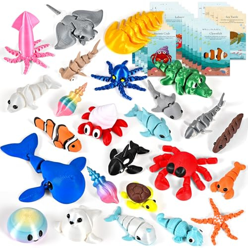 GOLDGE 25PCS Large 3D Printed Ocean Animals with 25 Learning Cards | 3-4 Articulated 3D Printed Fidget Animals Bulk, Flexible 3D Printed Animals, 3D Shark, Octopus & Sea Creatures Toys
