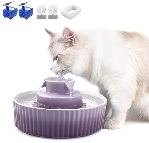 Fuente de cerámica para gatos, 2,1 L, para gatos y perros, fuente de porcelana VinDox para gatos, dispensador de agua con filtro de repuesto y espuma bomba inteligente (morado)